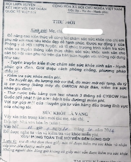 Đình chỉ hoạt động của Công ty Việt Mỹ tại Cà Mau - 1 Thư mời chị em phụ nữ xã Khánh Thuận tham gia buổi tư vấn khám sức khỏe miễn phí.