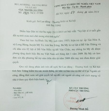Bộ Lao động Thương binh Xã hội chỉ đạo giải quyết vụ vợ liệt sĩ mòn mỏi chờ nhà tình nghĩa - 1 Công văn của Cục Người có công gửi Sở LĐ-TB&XH đề nghị xem xét giải quyết vụ việc.