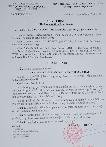 Quyết định cho thi hành án của quân Ninh Kiều.