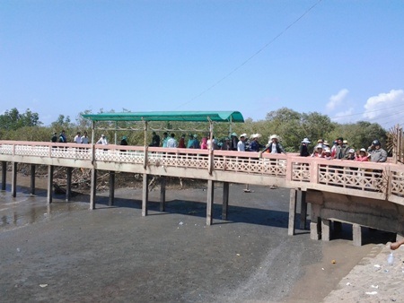 Khách thích thú lên cầu dẫn đi ra biển.