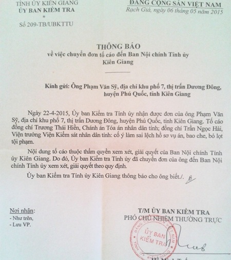 Vụ “Cố ý gây thương tích” ở Kiên Giang: Chuyển đơn đến Ban Nội chính Tỉnh ủy - 1 Vụ “Cố ý gây thương tích” ở Kiên Giang: Chuyển đơn đến Ban Nội chính Tỉnh ủy