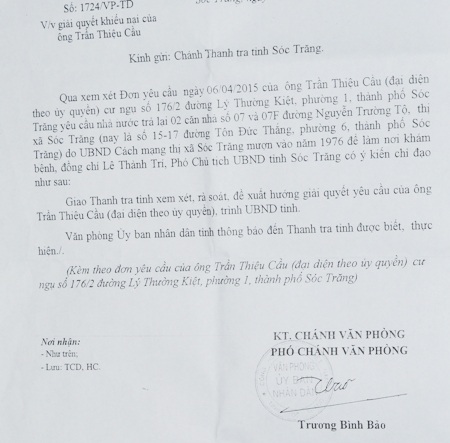 Văn bản chỉ đạo của UBND tỉnh Sóc Trăng.