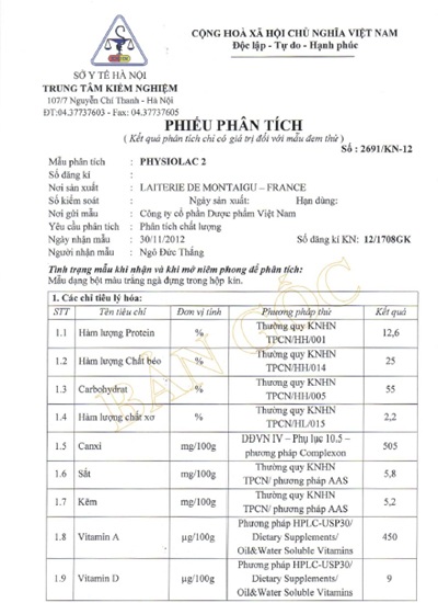 Phiếu kiểm nghiệm chất lượng của Physiolac