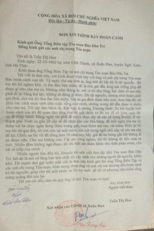 Đơn xin được giúp đỡ của chị Hoa