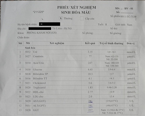 Mắc gan nhiễm mỡ độ III sau điều trị viêm tinh hoàn - 1 Kết quả xét nghiệm của bệnh nhi Nguyễn Q.T khi nhập viện