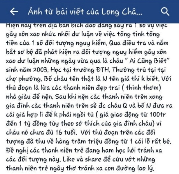 Nữ sinh lớp 8 bị bôi nhọ trên Facebook phải chuyển trường vào Nam - 1 Thông tin đối tượng Long (facebook Long Châu Âu) đăng tải trên mạng bôi nhọ nữ sinh Q khiến em này bị khủng hoảng tinh thần, phải chuyển trường vào miền Nam