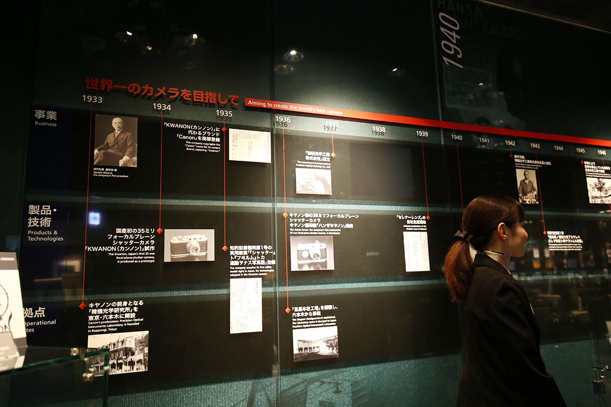 Một bảng thông tin để xem về lịch sử phát triển của Canon qua từng giai đoạn