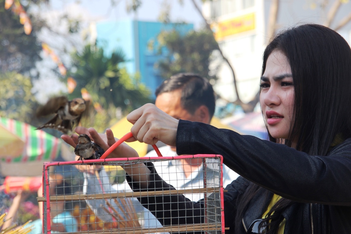 Nhiều người dân làm lễ phóng sinh ngày Rằm tháng Giêng.