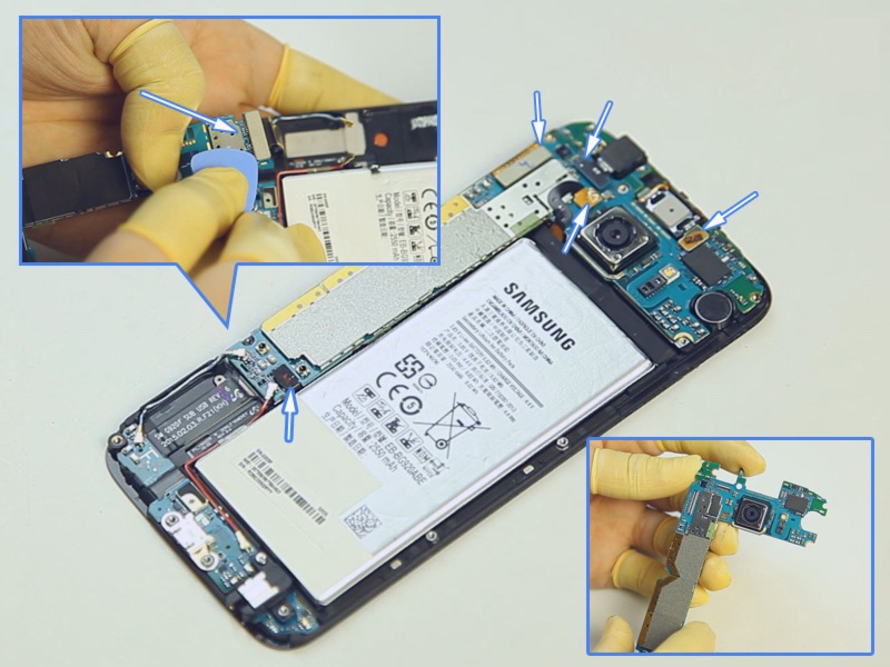 “Mổ xẻ” bên trong Samsung Galaxy S6 - 9 Hãy nhìn kĩ các dây kết nối, khi tháo hoàn toàn các dây này an toàn và gỡ bo mạch ra