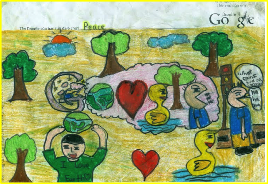 Ngắm 9 tác phẩm loạt vào vòng chung kết Doodle 4 Google của trẻ em Việt - 3 Ngô Đức Anh, TPHCM: Hoà Bình