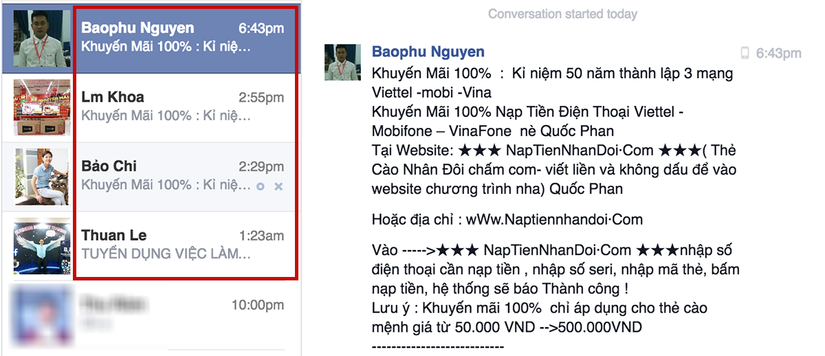 Cảnh báo: Không gửi tiền hay nạp tiền thông qua một website lạ - 3 Nhiều người bức xúc vì nhận được nhiều tin nhắn lừa đảo hiện nay trên Facebook