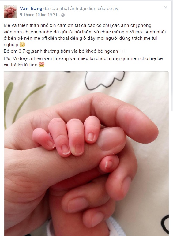 Hình ảnh Vân Trang chia sẻ trên trang cá nhân sau khi sinh vài ngày