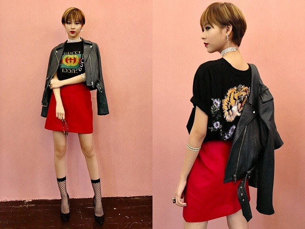Phí Phương Anh, Lilly Nguyễn cá tính bất ngờ; Vũ Ngọc Anh phối đồ "khó hiểu" - 2 Quán quân The Face mùa đầu tiên – Phí Phương Anh cá tính bất ngờ với mái tóc nhuộm light vàng. Cô nàng kết hợp áo thun hàng hiệu với váy cạp cao và tất lưới, khẳng định sự trưởng thành và ổn định trong phong cách.