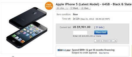 iPhone 5 được "hét giá" cao ngất ngưởng trên eBay - 1 iPhone 5 đang được rao bán trên eBay với giá cao ngất ngưởng