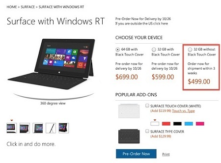 Surface bản 499 USD "cháy hàng" chỉ sau một ngày - 1 Surface bản 32GB không kèm bàn phím kiêm vỏ bảo vệ cháy hàng chỉ sau 1 ngày