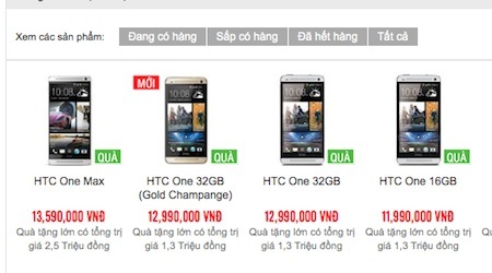 Ảnh chụp màn hình website H.M chào bán HTC One 16 GB với giá 11,9 triệu đồng.