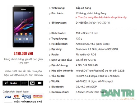 Xperia E1 chính hãng có giá 3,2 triệu đồng tại VN - 1 Mức giá bán Xperia E1 được niêm yết tại chuỗi bán lẻ trên.