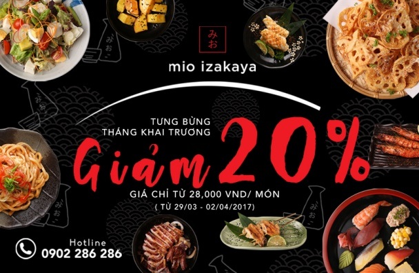 Mio Izakaya - khám phá ẩm thực đường phố Nhật Bản độc đáo - 2 Ưu đãi đặc biệt – giảm 20% nhân dịp khai trương