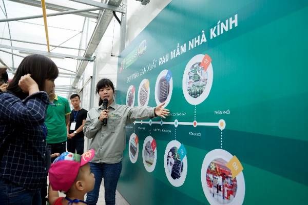 Khu vực đầu tiên người tham quan ghé thăm chính là nơi trồng rau mầm microgreen. Các bạn nhỏ và phụ huynh rất thích thú và chăm chú khi được nghe hướng dẫn kỹ thuật sản xuất rau mầm tại đây.