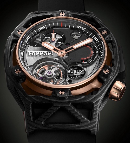 Thương hiệu đồng hồ Hublot chính thức đến Việt Nam - 4 Năm nay để kỉ niệm 70 năm sinh nhật Ferrari, Hublot giới thiệu tới chiếc đồng hồ đầu tiên do Ferrari thiết kế và chế tạo bởi Hublot - siêu phẩm Hublot Techframe Ferrari Tourbillon Chronograph, sử dụng loại vật liệu PEEK Carbon, cỗ máy HUB6311 gồm 253 linh kiện cấu thành, dự trữ năng lượng 5 ngày và tính năng chronograph 1 nút bấm.