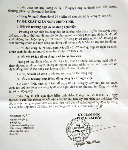 Cơ quan chức năng xác định, Cty Cấp nước Cà Mau đã cho người lao động nghỉ việc sai quy định nên đề xuất nhận lại và bồi thường theo luật định.