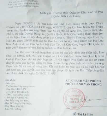Kiểm tra các dự án “treo” gần 10 năm của doanh nghiệp ngang nhiên “cướp” đường công cộng - 9 Văn phòng UBND tỉnh Kiên Giang vừa có công văn truyền đạt ý kiến của Phó Chủ tịch tỉnh chỉ đạo kiểm tra, làm rõ phản ánh của người dân đối với các dự án treo của Công ty Hải Lưu. Kết quả báo cáo chậm nhất ngày 25/10/2016.