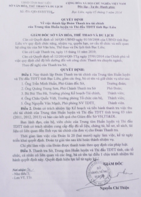 Quyết định thành lập Đoàn thanh tra tài chính tại Trung tâm HL&TĐTDTT Bạc Liêu của Giám đốc Sở VH-TT&DL tỉnh Bạc Liêu.