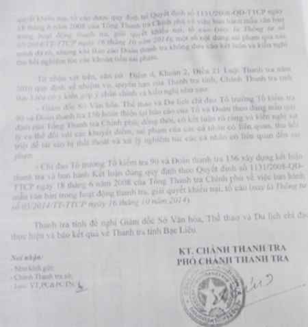 Thanh tra Nhà nước tỉnh Bạc Liêu chỉ rõ báo cáo thanh tra và kết luận xử lý của Sở VH-TT&DL Bạc Liêu đối với sai phạm của Trung tâm HL&TĐTDTT Bạc Liêu còn nhiều thiếu sót.