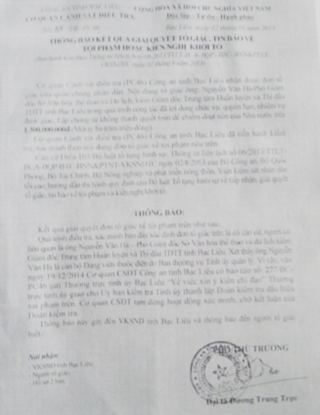 Cơ quan điều tra Công an tỉnh Bạc Liêu xác định đơn tố giác ông Nguyễn Văn Hà lập chứng từ khống để chiếm đoạt tiền Nhà nước trên 1,3 tỷ đồng là có căn cứ.