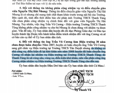 Hiệu trưởng bị “tố” độc quyền cổng phụ: Lãnh đạo địa phương quá "ưu ái" ông hiệu trưởng! - 1 Báo cáo của UBND huyện Đầm Dơi về những vấn đề phản ánh tại Trường THCS Thanh Tùng. Trong đó, UBND huyện Đầm Dơi đưa ra lý do để ông Hiệu trưởng suốt 30 năm “độc quyền” là nơi điều đến “không có nhà công vụ”, dẫn đến gây bức xúc.