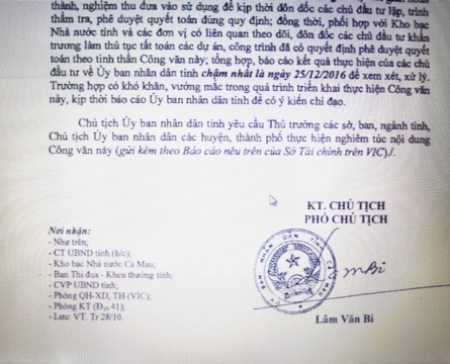 Công văn hỏa tốc của UBND tỉnh Cà Mau yêu cầu chấn chỉnh công tác thanh, quyết toán dự án, công trình.