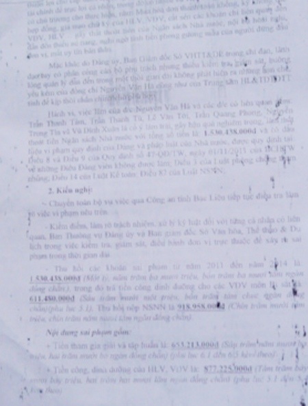 Trong báo cáo, Đoàn 199 kiến nghị chuyển toàn bộ vụ việc sai phạm tại Trung tâm HL&TĐTDTT Bạc Liêu qua Công an tỉnh để điều tra làm rõ.