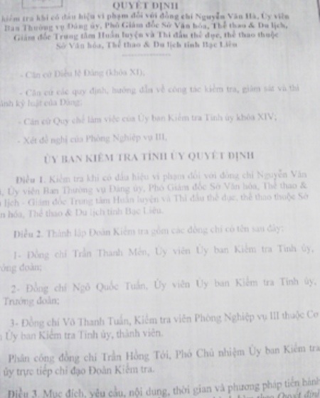 Quyết định kiểm tra khi có dấu hiệu vi phạm đối với ông Nguyễn Văn Hà của Ủy ban Kiểm tra Tỉnh ủy Bạc Liêu.