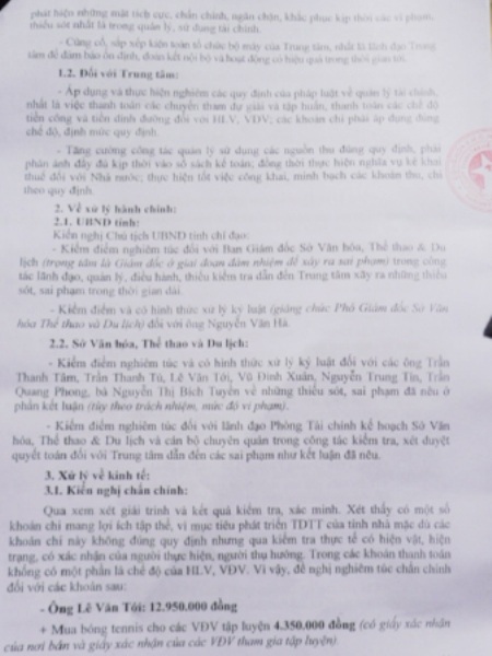 Kiến nghị kiểm điểm Giám đốc Sở VH-TT&DL tỉnh Bạc Liêu giai đoạn 2011-2014, trong công tác quản lý, điều hành, đã thiếu kiểm tra, giám sát, dẫn đến Trung tâm HL&TĐTDTT Bạc Liêu Liêu xảy ra sai phạm trong thời gian dài.