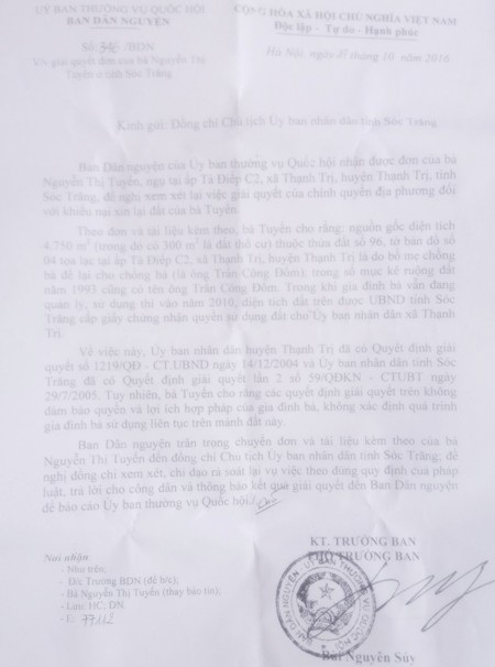 Công văn của Ban Dân nguyện gửi Chủ tịch tỉnh Sóc Trăng đề nghị xem xét lại vụ việc của bà Tuyến.