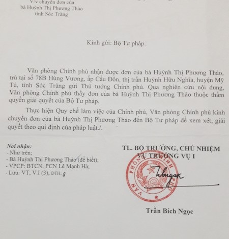 Án tuyên một đường, thi hành một nẻo: Văn phòng Chính phủ đề nghị Bộ Tư pháp xem xét - 1 Công văn của Văn phòng Chính phủ chuyển đơn của người dân đến Bộ Tư pháp xem xét, giải quyết vụ việc.