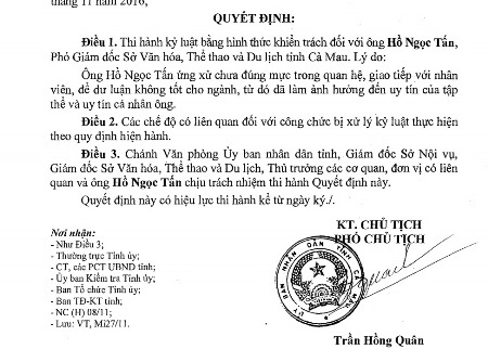 Chính thức kỷ luật Phó Giám đốc Sở quàng tay vào đùi nữ tạp vụ - 1 Quyết định kỷ luật ông Hồ Ngọc Tấn của UBND tỉnh Cà Mau.