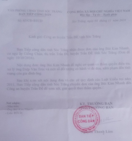 Ban Nội chính và UBND tỉnh chuyển đơn khiếu nại của bà Nhanh đến Công an huyện Trần Đề, nhưng vụ việc vẫn rơi vào im lặng.