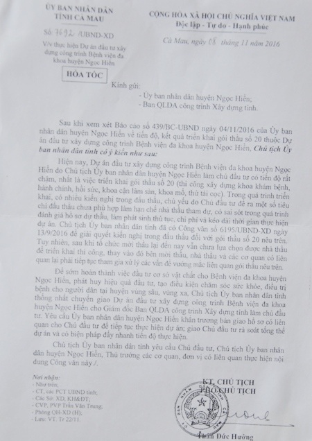 Công văn chỉ đạo chuyển chủ đầu tư của UBND tỉnh Cà Mau.