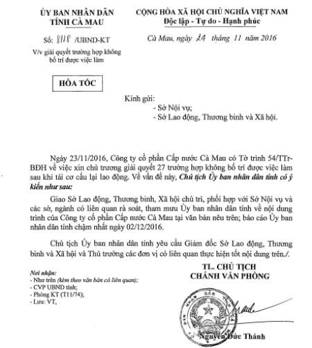 Hơn trăm công nhân mất việc trong "nháy mắt": UBND tỉnh Cà Mau lại ra công văn “hỏa tốc”! - 2 Công văn “hỏa tốc” lần thứ 2 của UBND tỉnh Cà Mau, chỉ đạo xung quanh vấn đề giải quyết việc làm của người lao động tại Cty Cấp nước.
