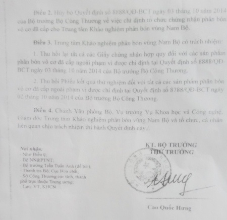 Quyết định của Bộ Công thương về Trung tâm khảo nghiệm phân bón vùng Nam Bộ.