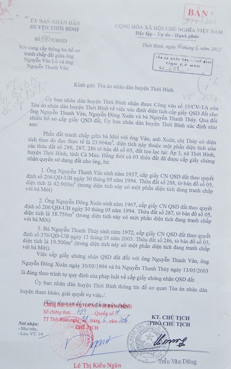 UBND huyện Thới Bình xác nhận, quy trình cấp đất cho các phía ông Gon là đúng quy định.