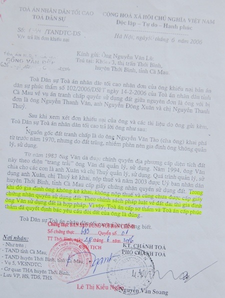 Trước đó, TAND Tối cao đã xác định, Tòa phúc thẩm TAND tỉnh Cà Mau bác yêu cầu của ông Nguyễn Văn Lù là đúng, nhưng sau đó lại bất ngờ hủy án.