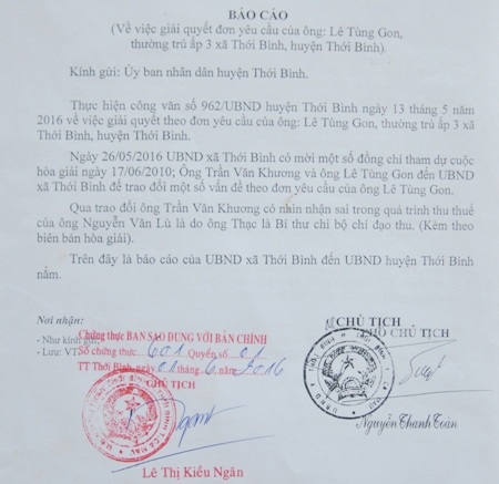 Mới đây, khi làm việc với cơ quan chức năng, ông Trần Văn Khương (nguyên là ủy nhiệm thu) thừa nhận việc ông thu thuế “hai đầu” là sai và thực hiện theo sự chỉ đạo của Bí thư chi bộ ấp.