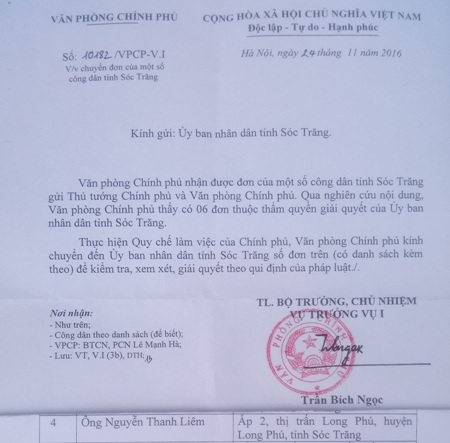 Công văn của Văn phòng Chính phủ chuyển đơn của ông Nguyễn Thanh Liêm đến UBND tỉnh xem xét, giải quyết theo pháp luật.