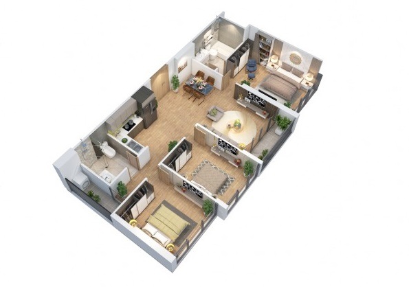“Bóc” thiết kế căn hộ 3 phòng ngủ tại dự án Eco-Green Saigon - 1 Phối cảnh 3D căn hộ 3 phòng ngủ đẹp lung linh tại dự án Eco-Green Saigon