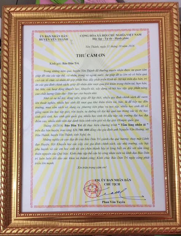 Thư cảm ơn của Chủ tịch UBND huyện Yên Thành gửi cảm ơn Báo Dân trí.