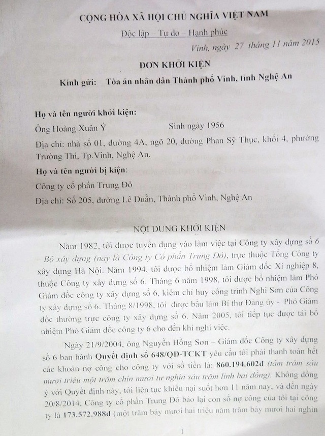 Đơn ông Ý khởi kiện Công ty xây dựng số 6 ra tòa.