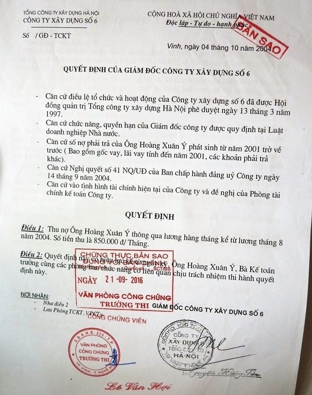 Quyết định thu nợ của Công ty xây dựng số 6 đối với ông Ý mỗi tháng 850 ngàn đồng.