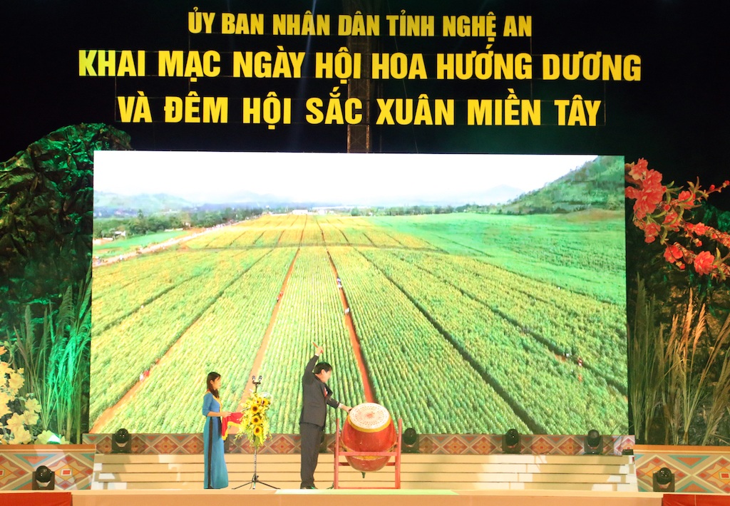Ông Lễ Minh Thông - PCT UBND tỉnh Nghệ An đánh trống khai mạc lễ hội hoa hướng dương và sắc Xuân miền Tây xứ Nghệ.